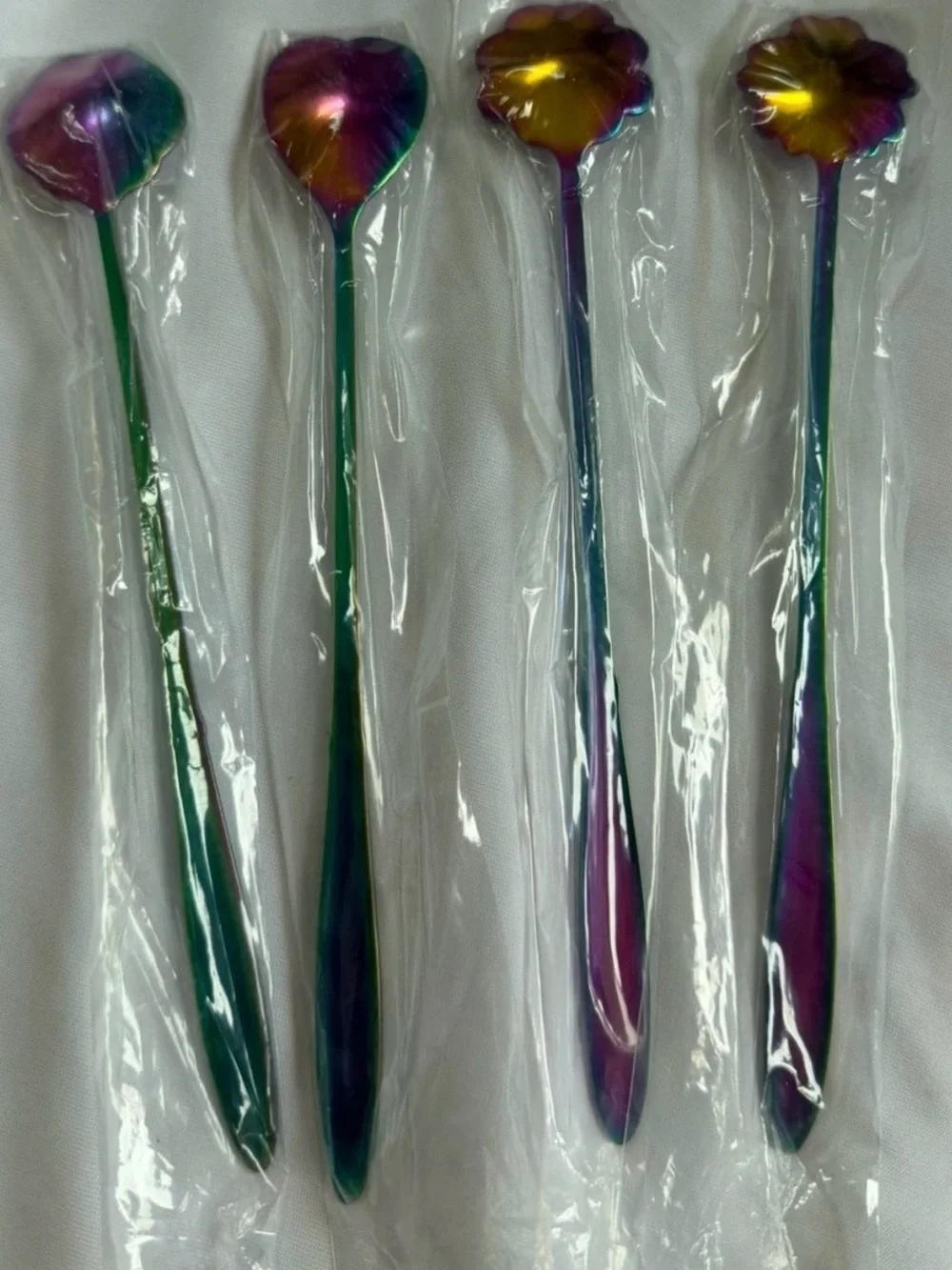 Rainbow Chrome Flower Iced Tea Spoons Set of 4 Stainless Steel Long Handle New